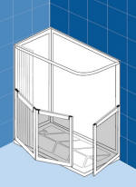 Option J left handed corner shower cubicle with a bi-fold and single panel half height shower doors